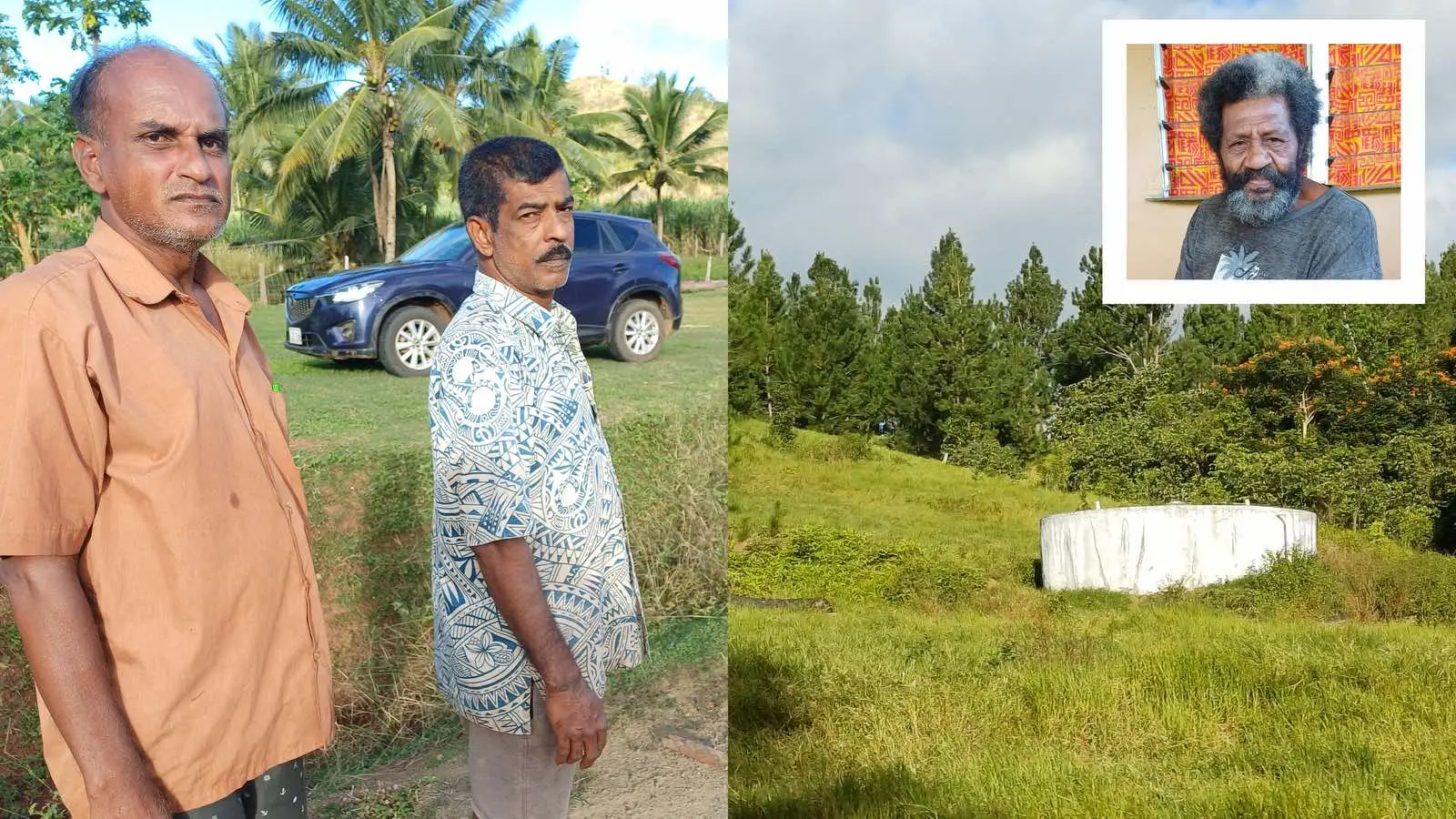 The water catchment supplying Tabia in Labasa, pictured on June 22, 2026. Residents of 66 households, along with Tabia Sanatan Dharm Primary School and Tabia Sanatan College, have been without water since last Thursday following the closure of access to the source.  Inset: Former Tabia Water Committee president Jitendra Lal (left) with resident Sarwan Raj in Tabia, Labasa, on June 22, 2026. Also pictured is Makomako Turaga-ni-Mataqali Vilimone Rogoiwaqa in Makomako Village, Labasa. Photos: Shratika Naidu