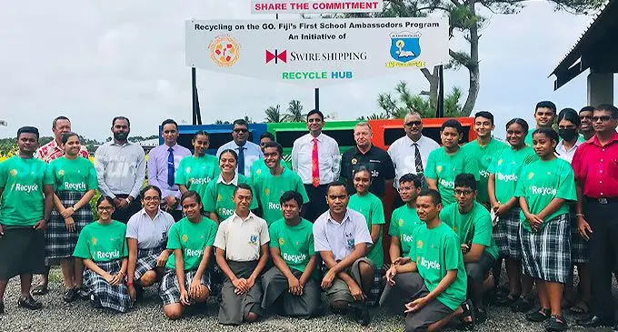 Back fourth from left: Minister for Environment Mahendra Reddy, stakeholders and the 24 students of Jai Narayan College who are Reclying on the Go Ambassadors after the launch on April 26, 20222. Photo: Laisa Lui