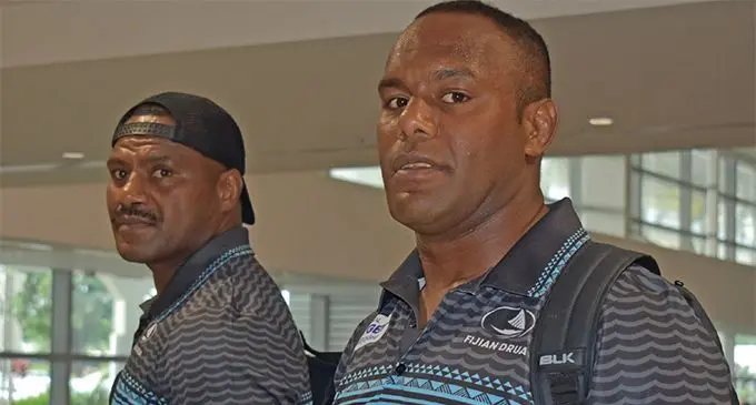 From left; Fiji Airways Fijian Drua flankers Ulaiasi Lawavou and captain Eremasi Radrodro at Nadi International Airport on September, 13, 2019. Photo: Mereleki Nai