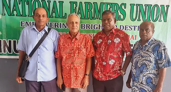 From left: National Farmers Union members Biswa Nand, Fiji Labour Party Leader Mahendra Pal Chaudhry, Robert Sami and Paras Ram Somaiya, during the National Farmers Union Annual General Meeting in Labasa on June 2, 2022. Photo: Sampras Anand.