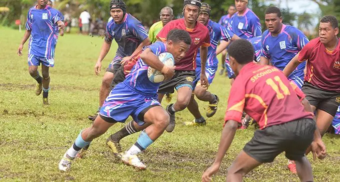 Gospel High School Under-18 rugby side on attack against Nabua Secondary at Suva Grammar School ground on August 7, 2022. Photo: Ronald Kumar