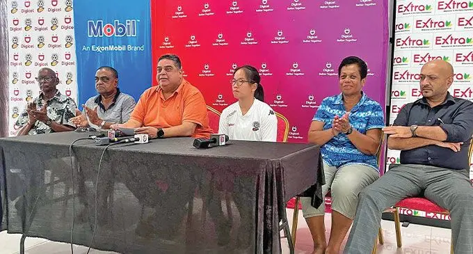 Fiji Football Association president Rajesh Patel (left), Digicel Kulas coach Angeline Chua (centre)and women’s vice president Susan Wise at their headquarters in Vatuwaqa on March 1, 2023. Photo: Sereana Salalo