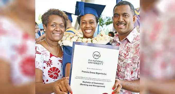 Graduate Francis Grace Siganisucu Labalaba (middle) is pictured with her mother Iliseva Labalaba who will graduate today and father, Isimeli Tavo Labalaba at the Vodafone Arena, Suva, on December 10, 2024. Photo: Ronald Kumar