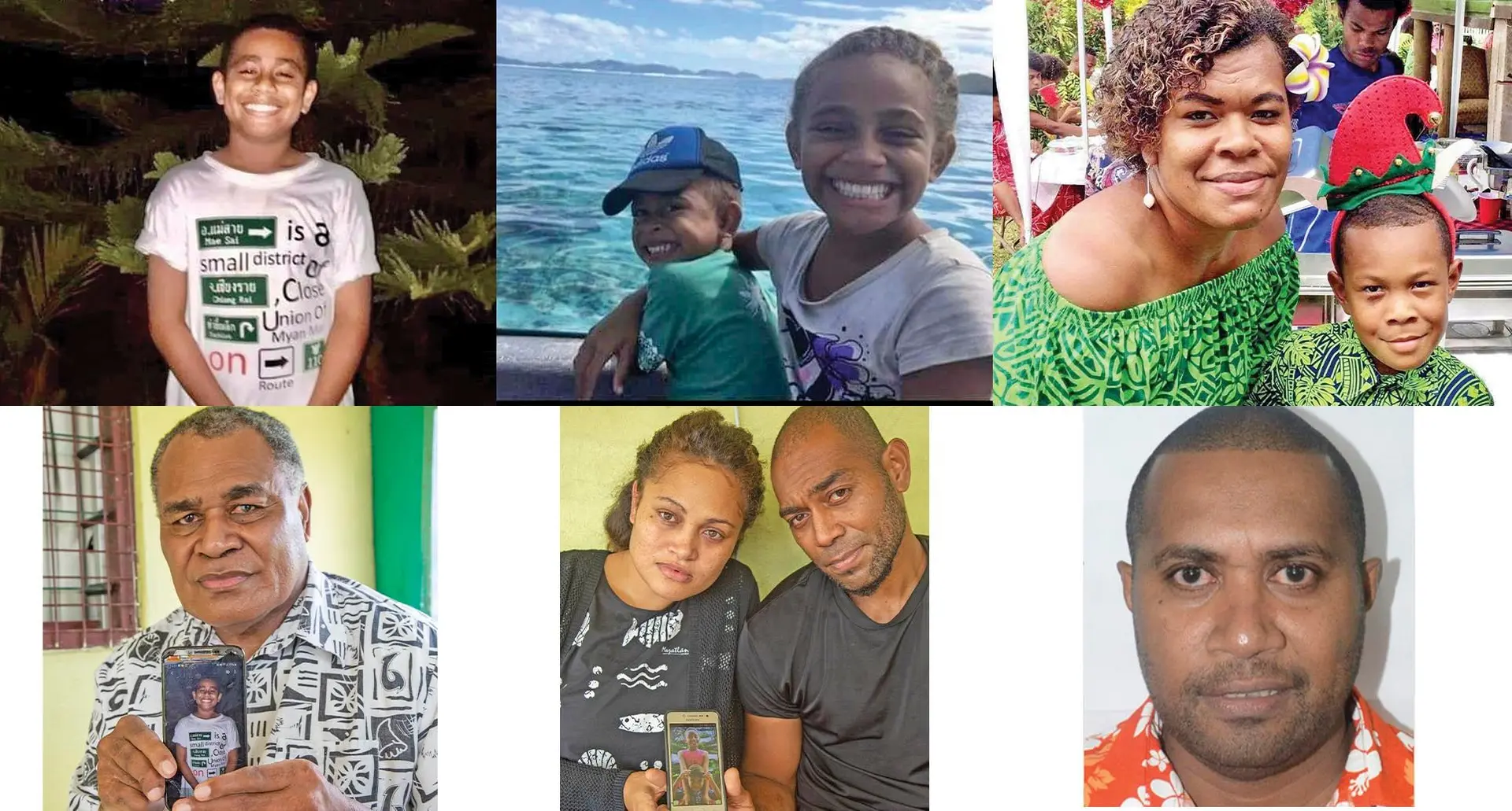 Top left: Deceased Moses Koroibulileka, deceased Elijah Armstrong and Jemima Grace, deceased Elenoa Savuiwasa (left) with her son Peni Vunisa, who is in hospital.   Bottom left: Father of the deceased Moses Koroibulileka (insert) Akariva Vueti holds up a photo of his 12-year-old son at Tacirua on November 7, 2021.  Photo: Leon Lord. Parents Sorosiga Teresia Davis (left) and Kinivilliame Koroibulileka hold a picture of their children Elijah Armstrong and Jemima Grace at Tacirua on November 7, 2021. Photo: Leon Lord and driver of the vehicle Epineri Vula, who Police said is in a stable condition in hospital. File Photo