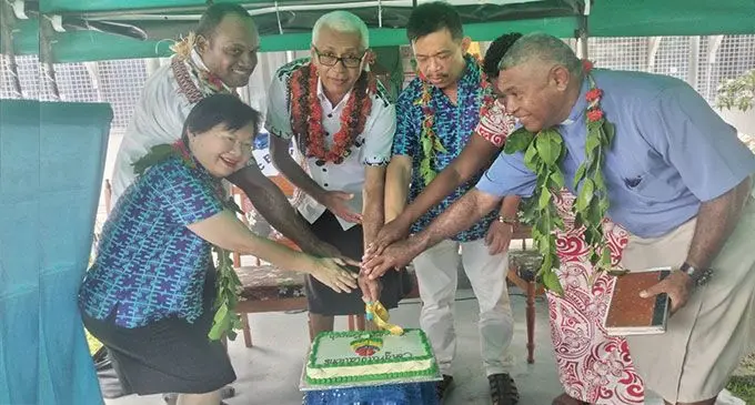 From left: South Pacific Business Development (SBPD) director Lorraine Seeto, senior assistant Roko Tui Lomaiviti, Levi Nayacalevu, acting director iTaukei Affairs Board Mosese Nakoroi, SPBD general manager Elrico Munoz, and Reverend Ecelini Vasua mark the opening of the SPBD newest branch in Levuka Town on March 25,2022. Photo: Ranoba Baoa.