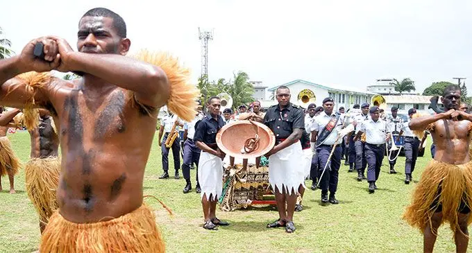 Members of the Fiji Police Force bringing in the Sukuna Bowl during the launch of the Vodafone Ratu Sukuna Bowl competition at the Police Academy ground, Nasova, Suva, on November 3, 2023. Photo: Ronald Kumar