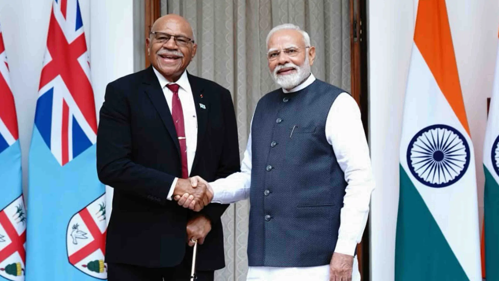 Prime Minister Sitiveni Rabuka with Prime Minister of India Narendra Modi in New Delhi on August 25, 2025.