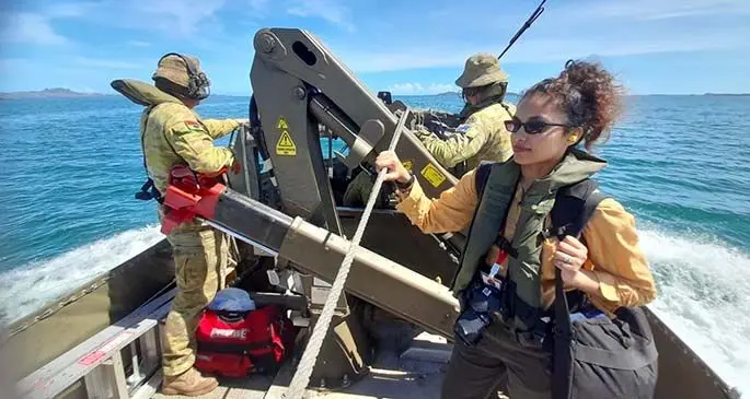 Fiji Sun Digital journalist Jennis Naidu onboard the landing craft heading to Galoa Island.