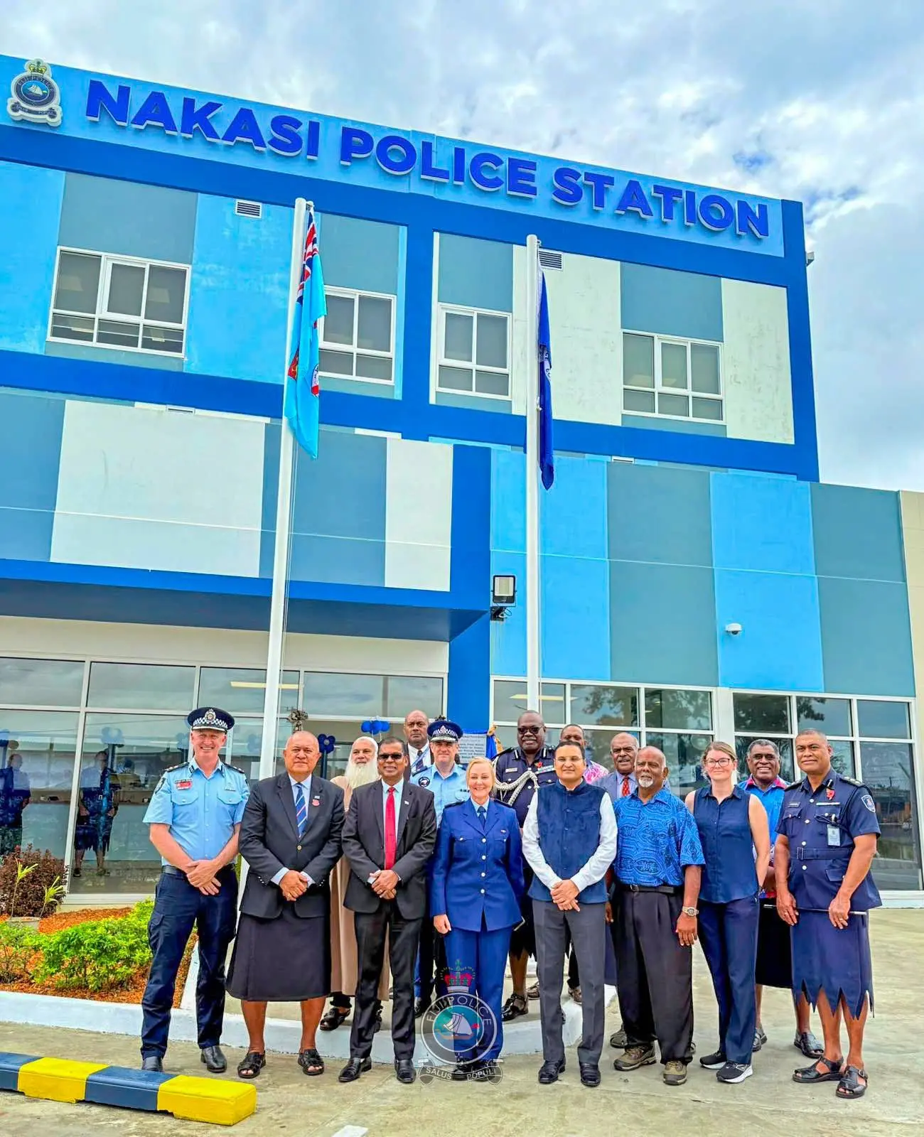 Deputy Prime Minister Biman Prasad (left) and Minister for Policing Ioane Naivalurua with senior police officials during the opening of the Nakasa Police Post on October 27, 2025.