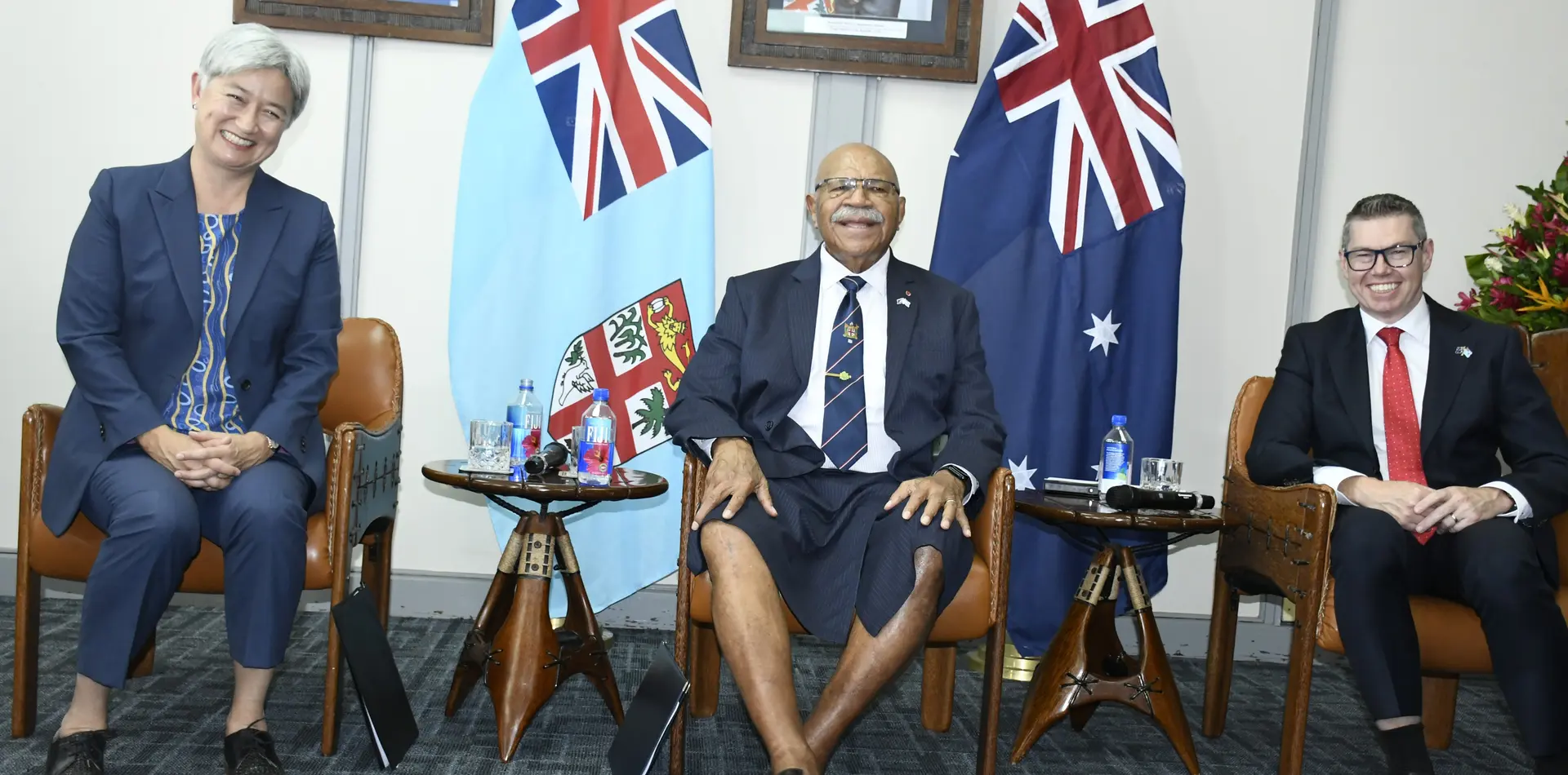 From left: Australian Foreign Minister Penny Wong, Prime Minister Sitiveni Rabuka, Australian Minister for Pacific Island Affairs and Minister for Defence Industry Pat Conroy in Suva, Fiji on March 5, 2026.