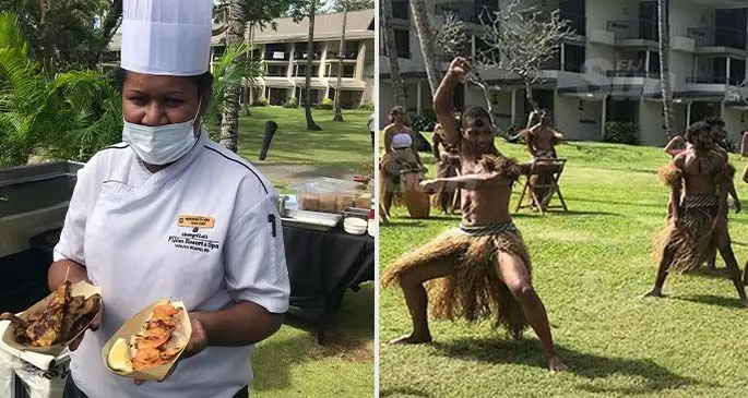 Shangri-La's Fijian Resort Sous Chef Merewairita Vika with barbeque lunch dishes. copy