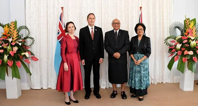 From left: Elena Edgar with husband and British High Commissioner to Fiji Christopher George Edgar, President Major-General (Ret’d) Jioji Konusi Konrote and First Lady Sarote Konrote. Photo: DEPTFO News