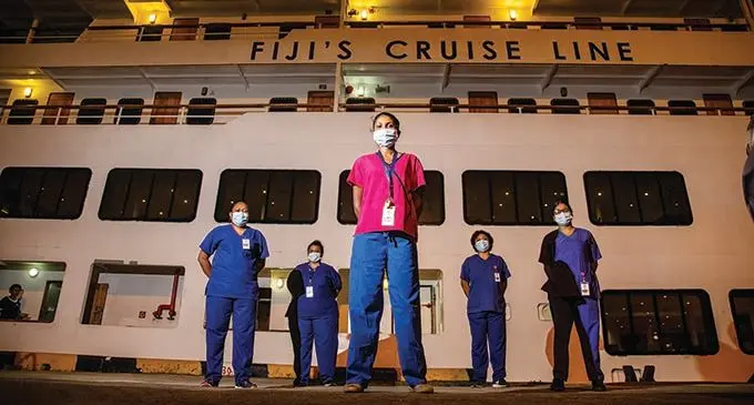 Fiji Emergency Medical Assistance Team (FEMAT) frontline staff nurses (from left) Meresiana Katonivere, Mehnaz Nisha, Kartika Naidu, Frances Talei and Jotishma Mani are part of the brave team of health staff  accommodated onboard the Captain Cook Cruises’ Reef Endeavour berthed at Port of Suva’s Princess Wharf on June 15, 2021.  Photo: Leon Lord