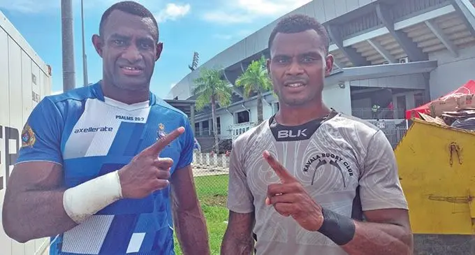 Police Blue forward, Rusiate Nasove (left) and Kavala Bay winger, Peni Sokini, during the Fiji Bitter Marist 7s at the ANZ Stadium on March 27, 2021. Photo: Leon Lord