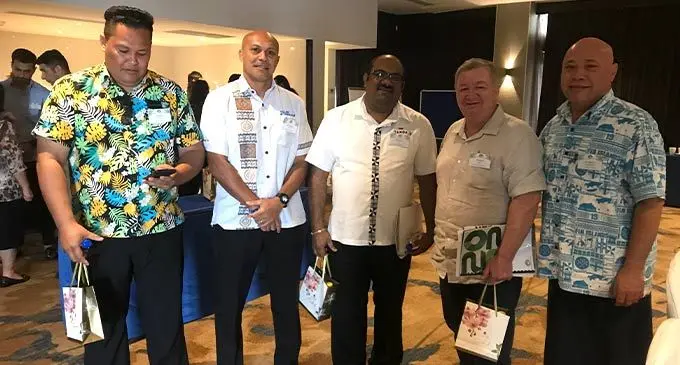 From left: Goodman Fielder food service representative, Sean Fraser, Club Wyndham assistant resort manager, William Work, Tanoa International Hotel general manager, Daniel Roy, Outrigger Fiji Beach Resort manager, Russell Blaik, and Castaway Island general manager, Gregory Underwood, at the Fiji Hotel and Tourism Association annual general meeting at Hilton Fiji Beach Resort and Spa, Denarau, on June 23,2022. Photo: Frederica Elbourne