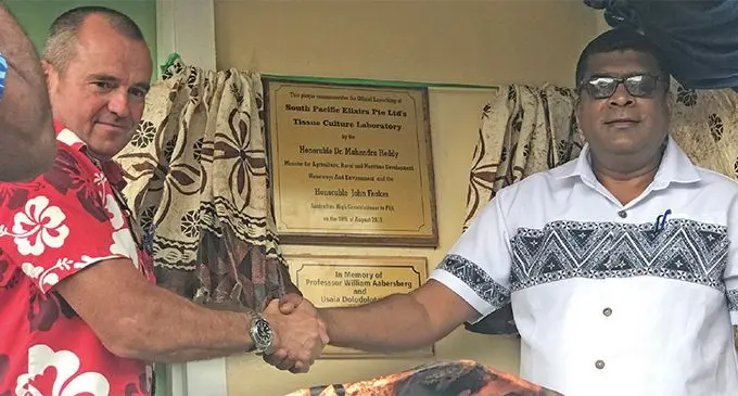 Australian High Commissioner to Fiji John Feakes (left) and Minister of Agriculture, Rural and Maritime Development, Waterways and Environment Mahendra Reddy unveil the plaque to officially launch the new Kava Tissue Laboratory in Levuka, Ovalau on August 30, 2019. Photo: Inoke Rabonu
