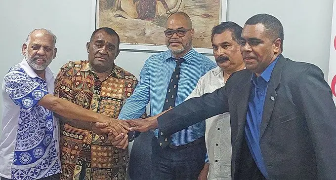 From left: The Minister for Employment and Industrial Relations Agni Deo Singh, Fiji Mine Workers Union president Joseva Sadreu,Permanent Secretary for Employment Nemani Maritino, Fiji Trade Union Congress general secretary Felix Antony and Office of the Prime Minister representative Jemesa Davetawalu after signing the payout agreement on July 4, 2024. Photo: Salote Qalubau