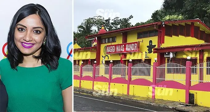 Namrata Charan Singh and the Nagigi Naag Mandir, the famous temple in Labasa. Photo: Shratika Naidu