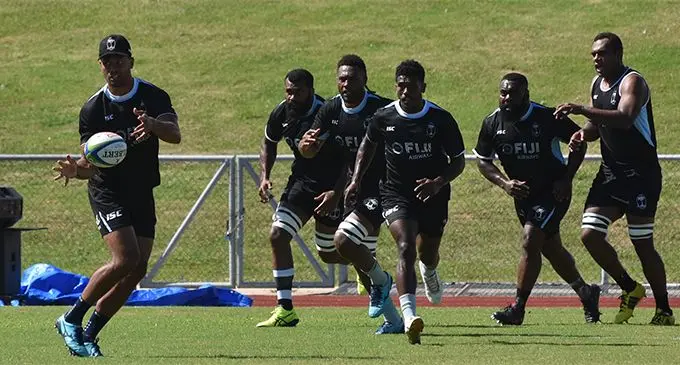 Fiji Airways Flying Fijians Ben Volavola flicks the pass during training at the Churchill park in Lautoka yesterday. Photo: WAISEA NASOKIA