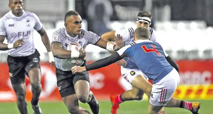 Fiji Airways Fijian 7s rep Eroni Sau on the attack against France during the USA 7s.   Photo: World  Rugby