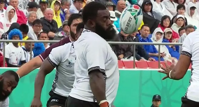  Fiji Airways Flying Fijians prop Manasa Saulo was caught  off-guard with this pass from teammate Frank Lomani. 