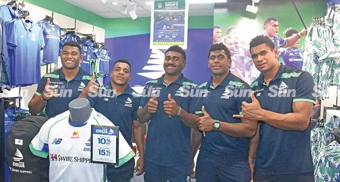 Swire Shipping Fijiana Drua reps (from left) Raikabula Momoedonu, Napolioni Bolaca, Vinaya Habosi, Kalione Nasoko and Kitione Salawa at the opening of the Fijian Drua shop in Port Denarau, Nadi, on April 23, 2022. Photo: Waisea Nasokia