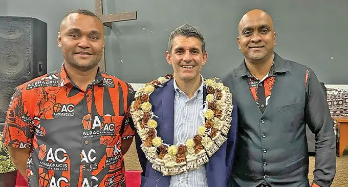 From left: Alivereti Tagivetaua, Zaine Wadee and Sanjay Narain Sharma at the celebrations at the Calvary Temple in Suva. Photo: Beranadeta Nagatalevu
