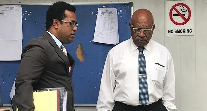 Sitiveni Rabuka (right) with his lawyer Filimoni Vosarogo outside Suva Magistrates Court on Oct 1 2018 PHOTO: Ashna Kumar