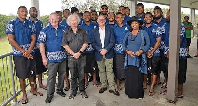 From front (left-right) Interim Fijian Drua chief executive officer Brian Thorburn, NSW MP Ben Franklin, Ballina Shire Council Mayor David Wright, traditional custodian of Ngangbal Country in the Bundjalung Nation Lois Cook with the Drua players after the welcoming ceremoney on November 5, 2021. Photo: Fijian Drua