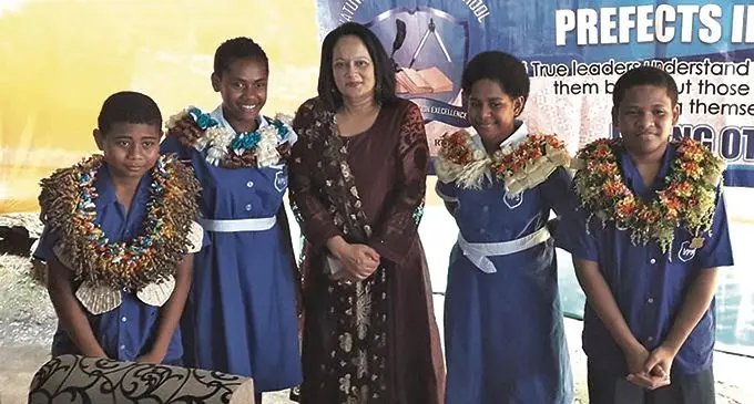 Minister for Education, Heritage and Arts, Rosy Akbar with prefects of Vatuwaqa Primary School on Friday, February 19, 2021.  Photo: DEPTFO News
