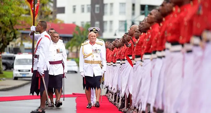 President Major-General (Ret’d) Jioji Konrote inspects the Republic of Fiji Military Forces parade in front of the Parliament House in Constitution Avenue on November 12, 2019.  Photo: Ronald Kumar