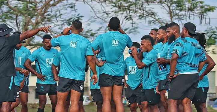 Sireli Maqala (fourth from right) with teammates during the FIJI Water Flying Fijians training session at Nadi International School on July 31, 2023. Photo: FRU Media