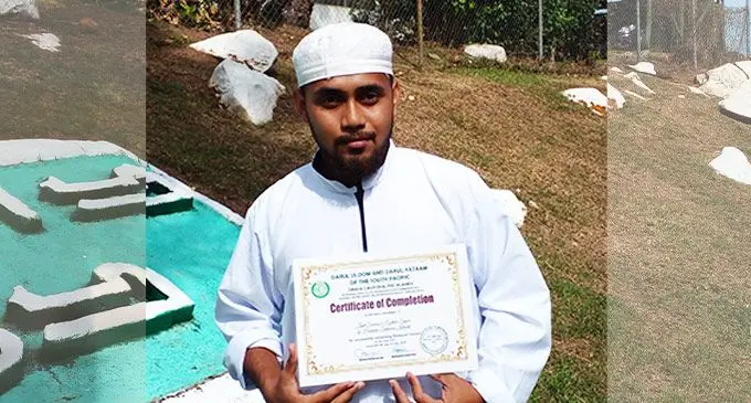 Zaid Sanau with his certificate of completion from the Basics of Islamic Studies program at the Darul Uloom Darul Yataam of the South Pacific graduation on July 9, 2022 in Drasa, Lautoka. Photo: Salote Qalubau