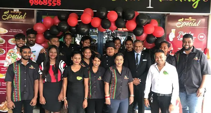 Minister for Commerce, Trade, Tourism and Transport Faiyaz Koya(fourth from right), Director of Bula VIP Lounge Melvin Pratap(third from right), with the staff of Bula VIP Lounge after the opening ceremony at Challenge Plaza, Laucala Beach on July 7,2022. Photo: Laisa Lui