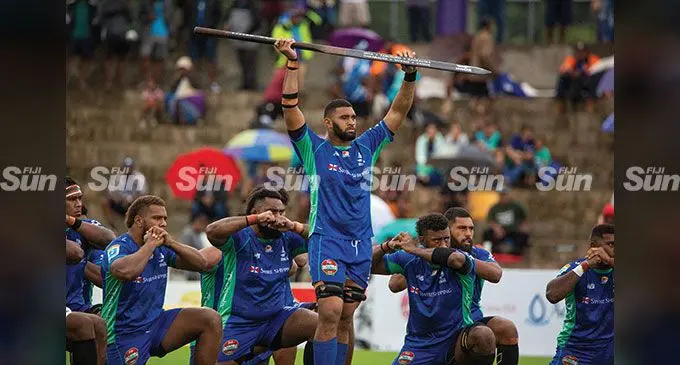 Swire Shipping Fijian Drua captain Meli Derenalagi leads the i bole before their match against Queensland Reds at the HFC Bank Stadium on June 3, 2023. Drua won 41-17. Photo: Leon Lord