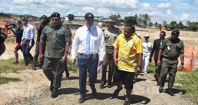Australian Prime Minister, Scott Morrison (middle front row), with Minister for Defence, National Security and Foreign Affairs, Inia Seruiratu (in yellow shirt), and their delegations during the tour of Blackrock Peacekeeping and Humanitarian Assistance Camp in Nadi on October 12, 2019. Photo: Nicolette Chambers