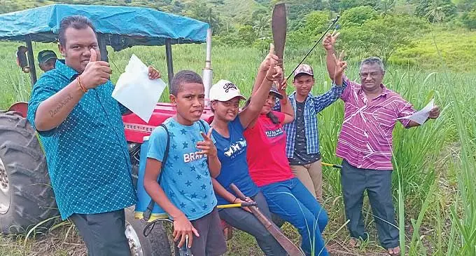 From left; Koronubu Sangam School teacher Amresh Darshani and students Jacob Delasau, Jiya Mudaliar, Artita Naicker and Shivanjay Raman with Head teacher Rajesh Lal at a farm in Koronubu, Ba.