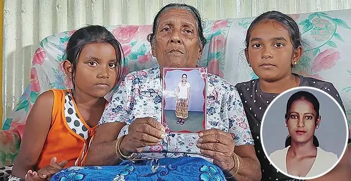 Parma Wati and her granddaughters Namisha Nidhi Lal, (left), and Nishita Nanta with a photo of their mother Damni Darshani Naidu at their home at Matalevu, Tavua on May 25,2023. Inset: Damni Darshani Naidu Photos: Salote Qalubau