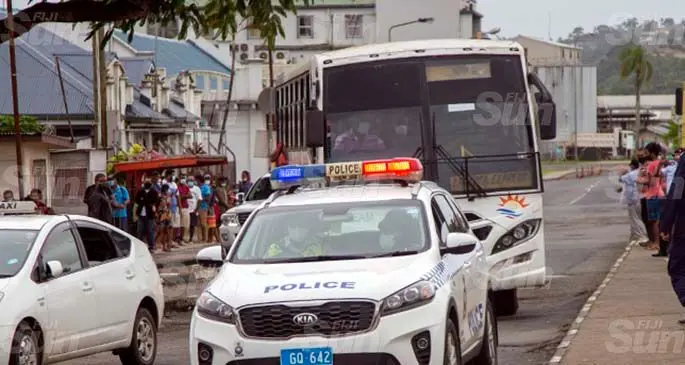 Police escorts Sunbeam Transport bus as it leaves for Lautoka from Suva on May 9, 2021. Photo: Inoke Rabonu