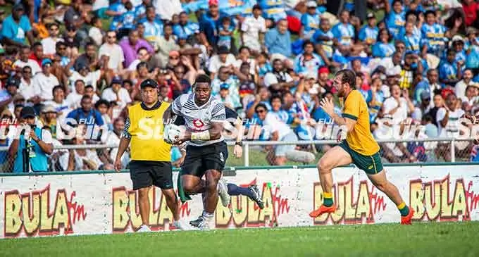 Vodafone Flying Fijians winger Josua Tuisova runs the ball out of his territory against Australia A during the Pacific Nations Cup clash on July 9, 2022. Australia A won 32-18 Photo: Leon Lord