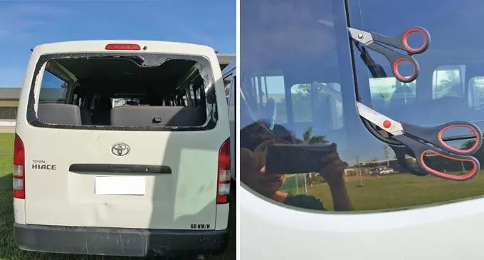 School bus was smashed, scissors were used to open the windows.