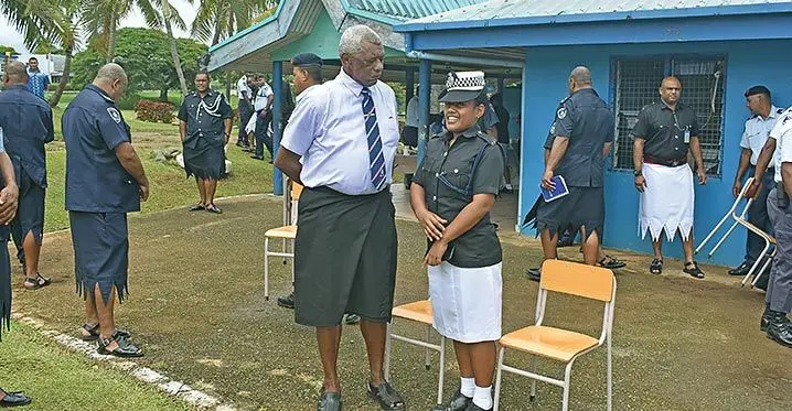 Minister for Home Affairs Pio Tikoduadua with Police officers at the Namaka Police Station in Nadi on March 3, 2023. Photo: Mereleki Nai