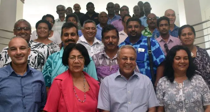 Fiji Labour Party stalwarts Aman Ravindra Singh (front left), president Lavenia Padarath (front second from left), party leader Mahendra Chaudhry (front, third from left) and members during the party's council meeting at the Trans International Hotel in Nadi on March 10, 2018. Photo: Waisea Nasokia