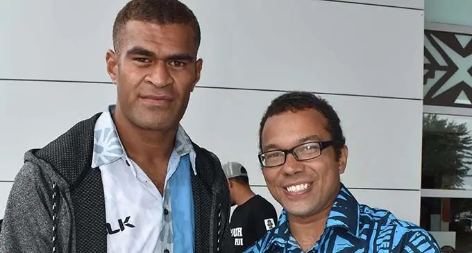 Fiji Airways Fijian Drua fullback Enele Malele with Trevor Cleary at the Nadi International Airport on April 22, 2019.  Photo: Waisea Nasokia