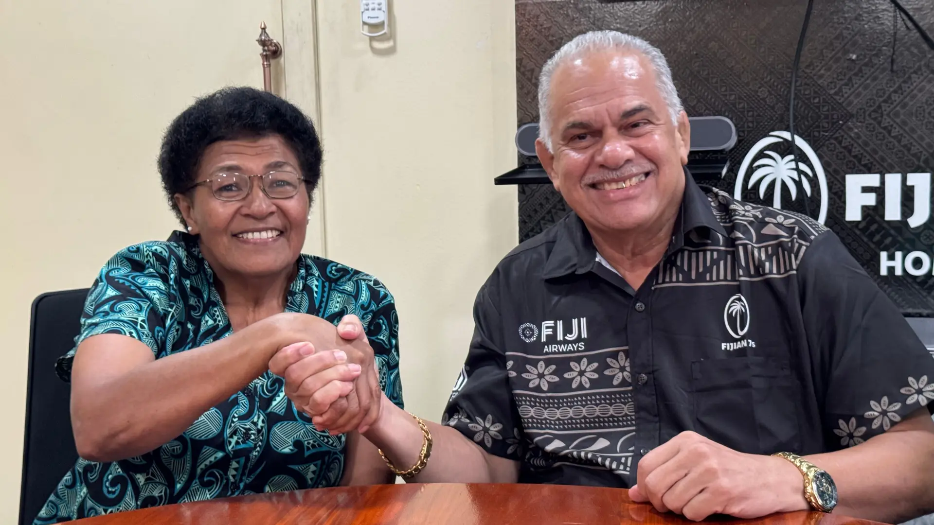 From left: Newly appointed Rugby Director Laijipa Naulivou is welcomed by Fiji Rugby Union board chairman John Sanday at the FRU boardroom in Suva on February 1, 2025. Photo: Asenaca Ratu