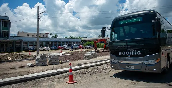 A Pacific Transport Bus outside its office at Walu Bay on January 25, 2023 . Photo: Leon Lord
