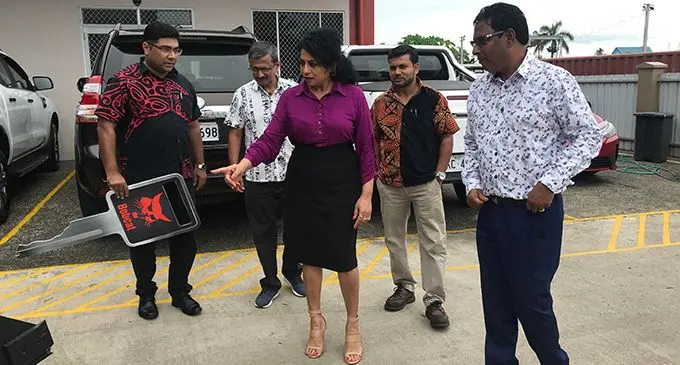 From left: Clyde Equipment Pacific’s branch manager Suva Parag Kalyani, Clyde Equipment Pacific’s national sales manager Dipal Bhatt,  Clyde Equipment service manager Ritesh Chand with Cope Construction owners Suman and Satya Sekran.  Photo: Frederica Elbourne 