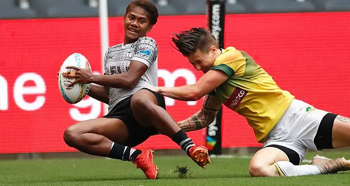 Fiji Airways Fijian 7s halfback and captain Tokasa Seniyasi scores a try against Brazil in their final pool game of the Sydney Sevens at Bankwest Stadium in Parrmatta, Australia on February 2, 2020. Photos: World Rugby