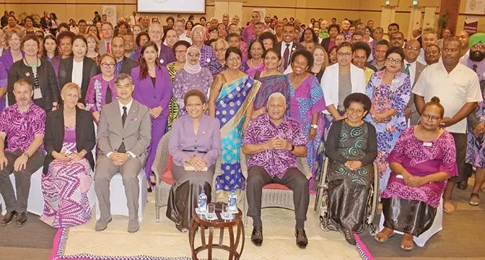 Minister for Women Meresaini Vuniwaqa and Prime Minister Voreqe Bainimarama and other guests during the launching of the National Action Plan to Prevent Violence Against Women and Girls (VAWG) Consultations at the Grand Pacific Hotel in Suva on November 25, 2020.  Photo: Ronald Kumar
