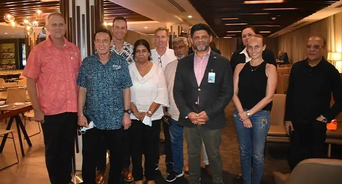 From left: James Pridgeon, Fiji Airways Managing Director and Chief Executive Officer, Andre Viljoen, Tourism Fiji CEO, Brent Hill, Attorney-General and Minister for Economy, Aiyaz Sayed-Khaiyum (fourth from right), Natalie  Marletta (second from right), Airports Fiji Limited board chairman, Hasmukh Patel (first from right) with other executives at the Fiji Airways Premier Lounge before their flight to Vancouver, Canada on August 9, 2022.  Photo: Nicolette Chambers